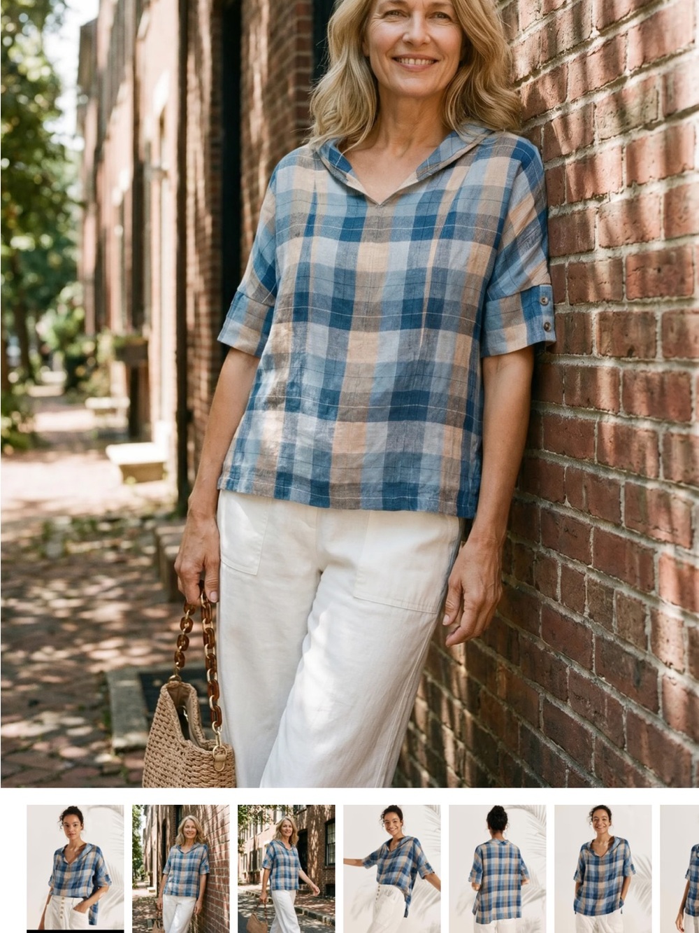 Blue and Cream Plaid Button-Down Top - Picture 2 of 7